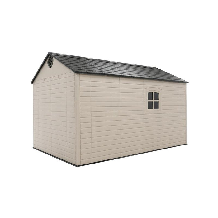 Studio angled view of the Lifetime 8 ft x 12.5 ft Outdoor Storage Shed displaying the window.