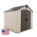Front view of Lifetime 8 ft x 7.5 ft Outdoor Storage Shed in beige with dark trim, featuring double doors and a pitched roof, labeled as made in the USA.