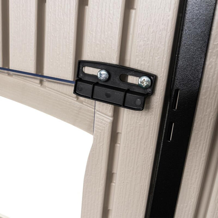 Close-up view of a window latch on the Lifetime outdoor storage shed, highlighting the secure locking mechanism.
