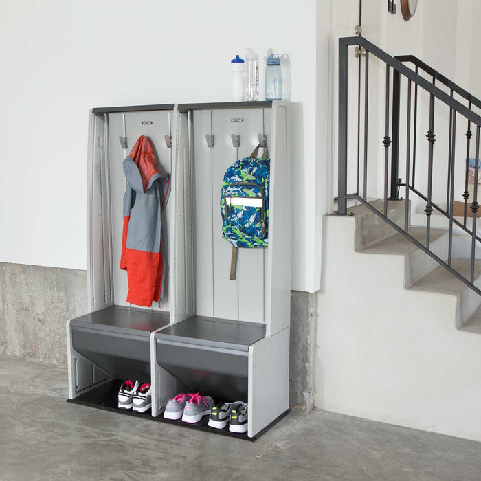 Lifetime storage locker used for storing various items including bags, shoes, and jacket.