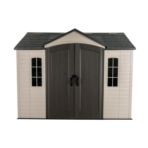 Studio shot of the Lifetime 10 x 8 ft. Outdoor Storage Shed front view with closed doors on a white background.