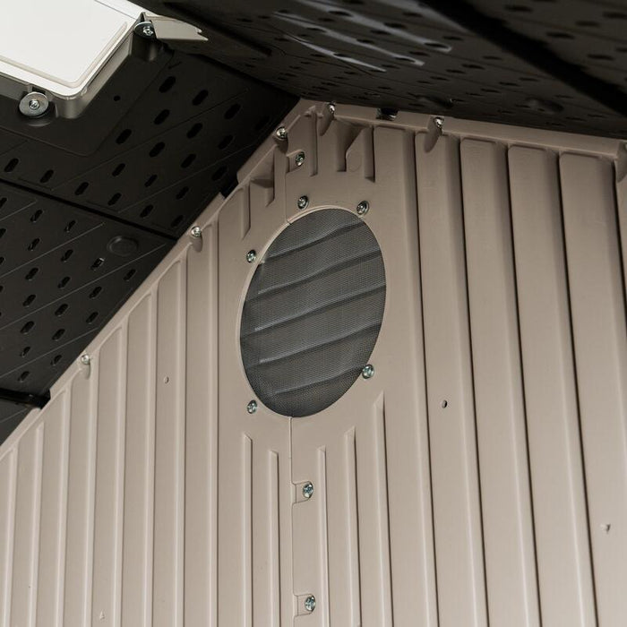Close-up view of the vent on the interior wall of the Lifetime 10 x 8 ft. Outdoor Storage Shed, demonstrating ventilation features.