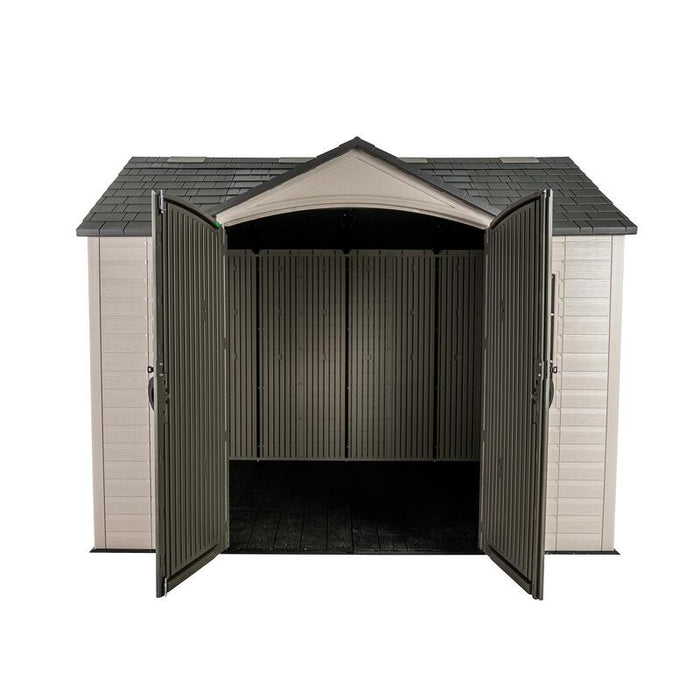 Studio shot showing the interior of the Lifetime 10 x 8 ft. Outdoor Storage Shed from a front angle on a white background.