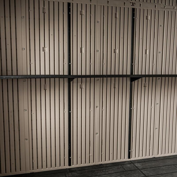 Interior shot of the Lifetime 10 x 8 ft. Outdoor Storage Shed showing the wall design and texture.