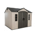 Studio shot of the left side view of the Lifetime 10 x 8 ft. Outdoor Storage Shed on a white background.
