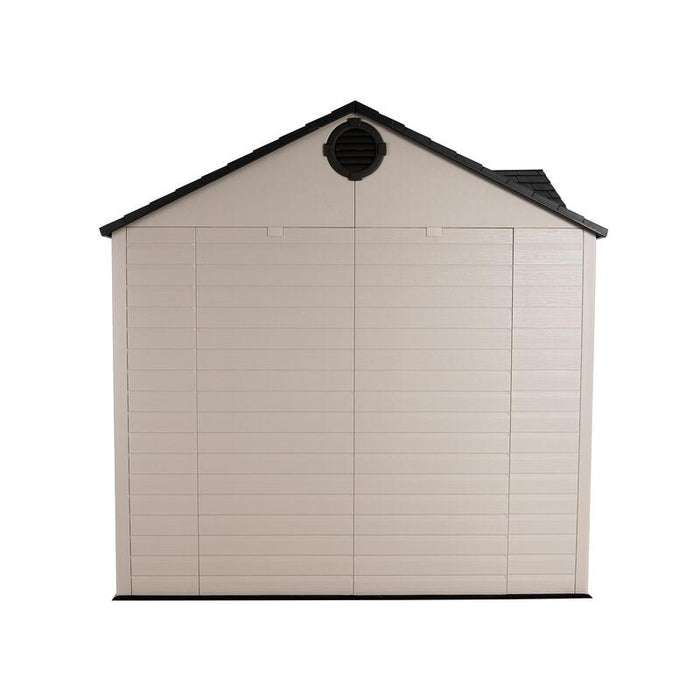 Studio shot of the side view of the Lifetime 10 x 8 ft. Outdoor Storage Shed on a white background.