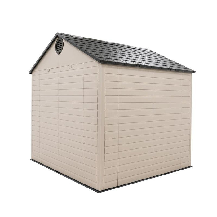 Angled view of the beige Lifetime 8 ft x 7.5 ft Outdoor Storage Shed with dark trim and pitched roof.