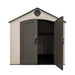 Lifetime 8 ft x 7.5 ft Outdoor Storage Shed with one door open, revealing the interior structure and shelving.