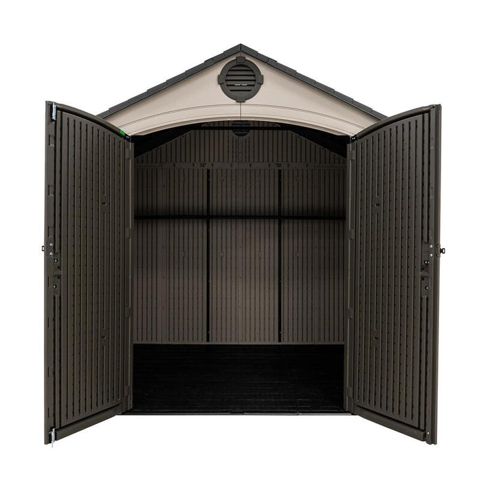 Interior view of the empty Lifetime 8 ft x 7.5 ft Outdoor Storage Shed, showing the spacious storage capacity.