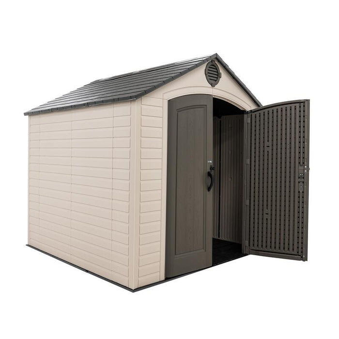 The Lifetime 8 ft x 7.5 ft Outdoor Storage Shed with one side door open, showing the internal structure.