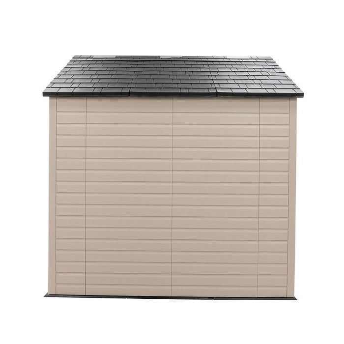 Side view of the Lifetime 8 ft x 7.5 ft Outdoor Storage Shed with a beige exterior and a shingled roof.