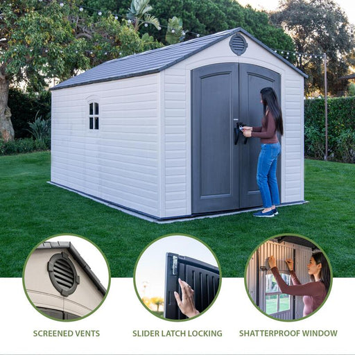 Collage image highlighting features of Lifetime outdoor storage shed including screened vents, slider latch locking mechanism, and a shatterproof window.