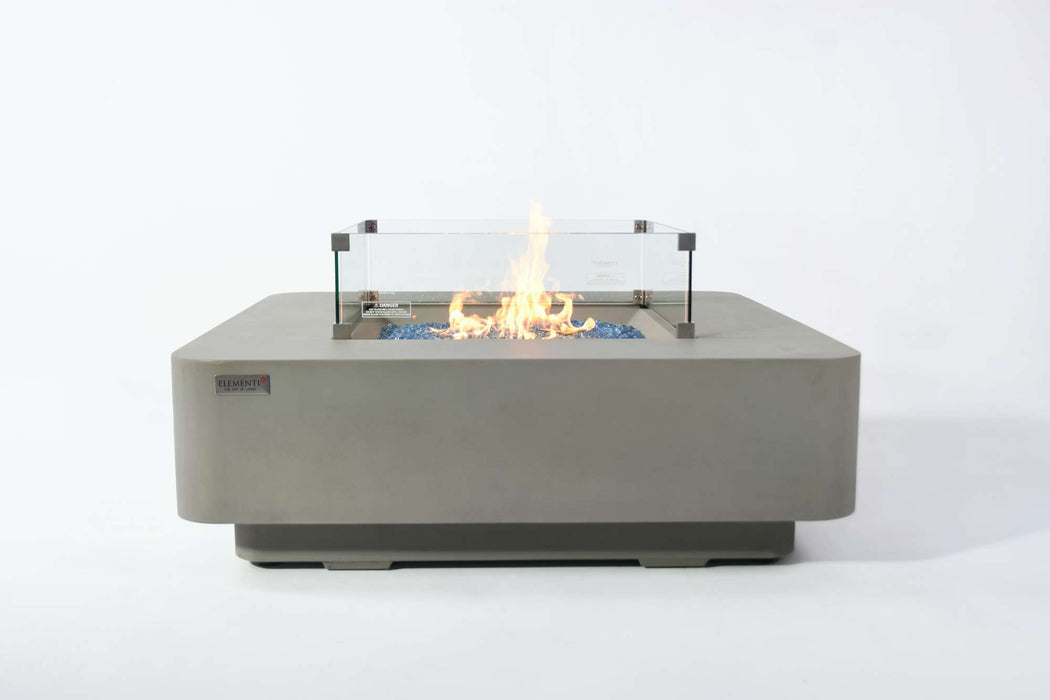 Light Gray Lucerne Fire Table with wind screen on white background