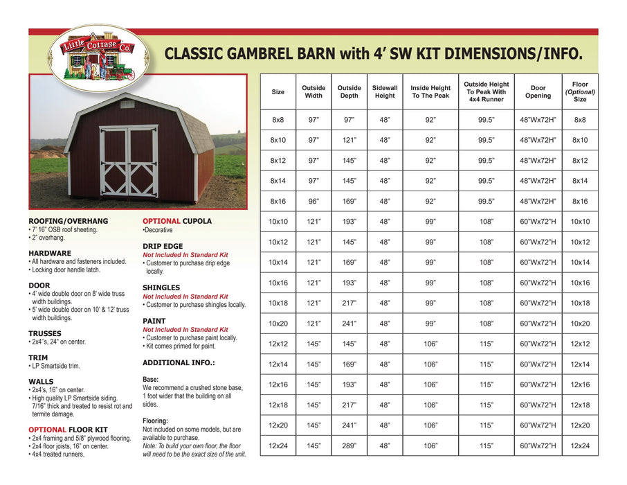 A detailed specifications chart for the Little Cottage Company Gambrel Barn, showing dimensions, roofing, and additional kit information.