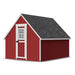 Little Cottage Co. 8x10 Value A-Frame Chicken Coop in red with white trim and gray shingle roof, featuring a single front door with window design.