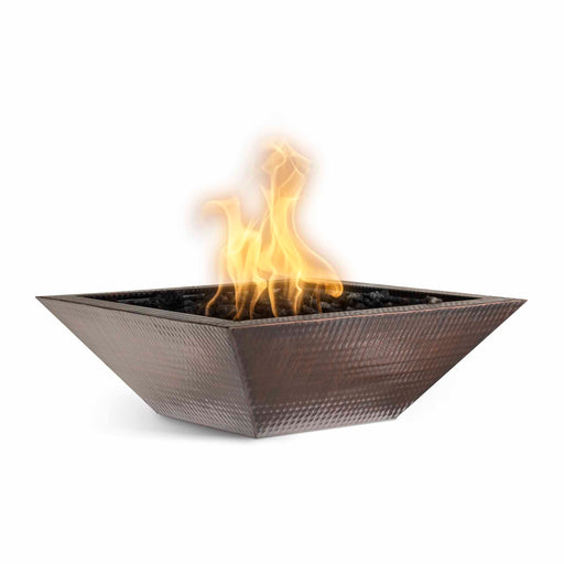 Lit Square Maya Hammered Copper Fire Bowl in white background