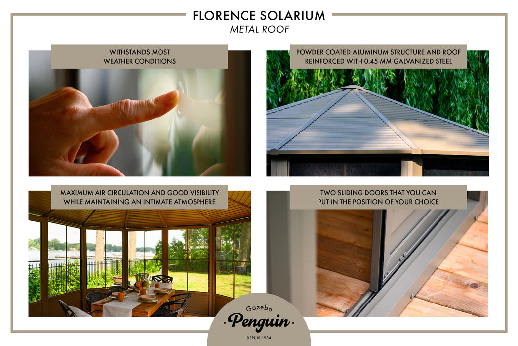 Promotional image showcasing the practical benefits of the Florence Solarium gazebo with metal roof. The image states the solarium withstands most weather conditions, offers maximum air circulation and good visibility while maintaining an intimate atmosphere, has a powder-coated aluminum structure with UV protection, and features two sliding doors that can be placed in any chosen position. The setting is outdoors with a view of the landscape through the solarium windows.