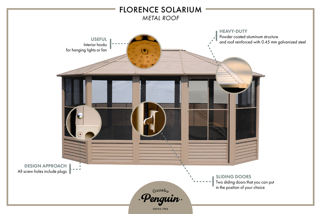 Marketing image of the Sand Florence Solarium gazebo with metal roof highlighting its features. It has a heavy-duty, powder-coated aluminum structure with a reinforced metal roof and UV protection. There are useful interior hooks for hanging lights or a fan, elegant decorative panels on the walls, and two sliding doors that can be positioned as desired. 