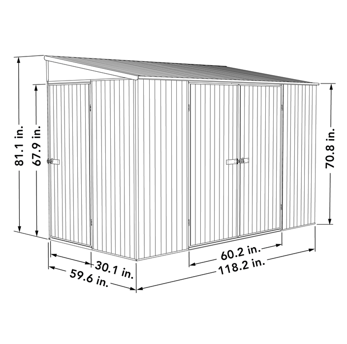 Line drawing showing the dimensions of the Absco Lean To 10x5ft Metal Bike Shed.