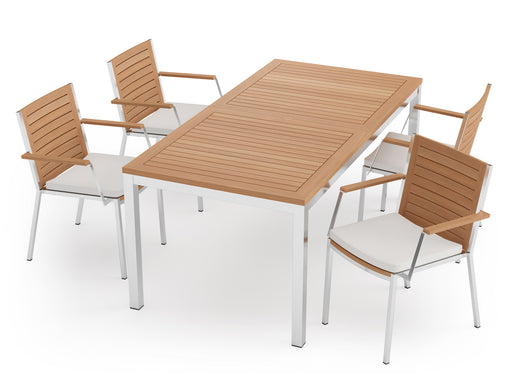 Monterey 5 Piece Dining Set with 72" Table	Stainless Steel Teak	Canvas Natural	in white background