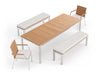 Monterey 5 Piece Dining Set with 96 in Table & Bench Seating	Stainless Steel Teak	Canvas Natural	in white background