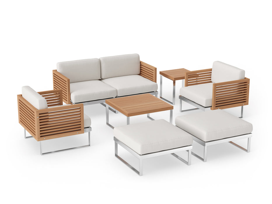 Monterey	6 Seater Chat Set with Coffee Table and Side Table	Stainless Steel Teak	Canvas Natural	in white background