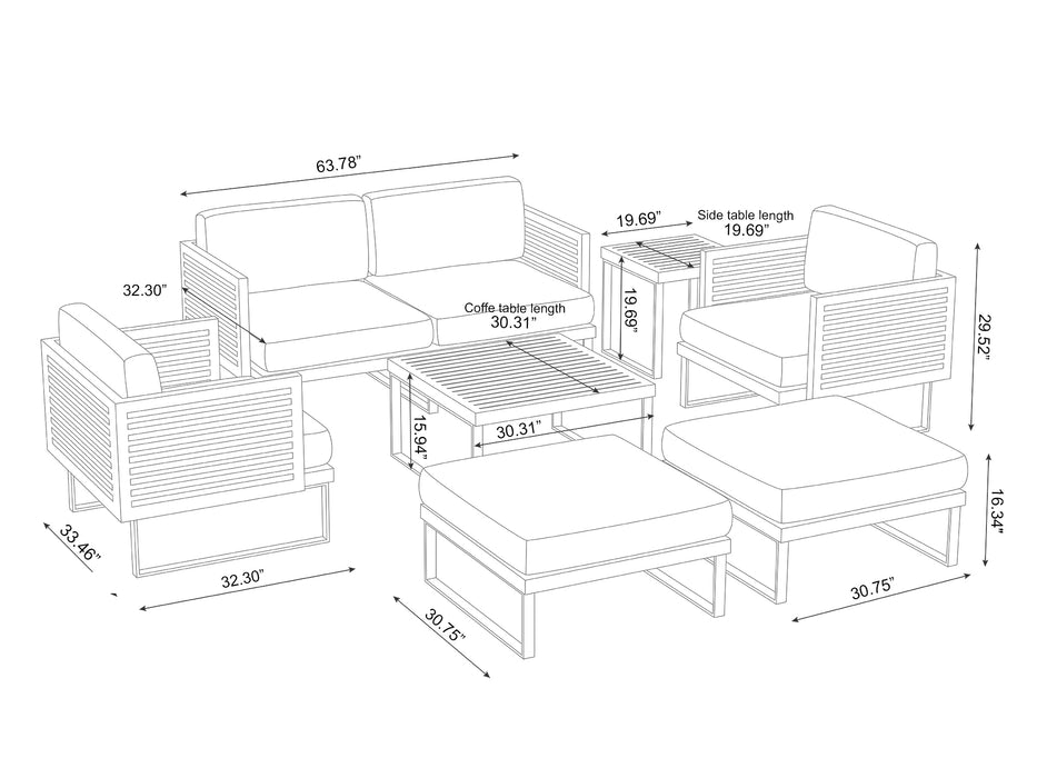 Monterey	6 Seater Chat Set with Coffee Table and Side Table	dimensions