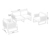 Technical drawing of the Monterey 4 Seater Chat Set, detailing the dimensions of the armchairs and sofa with annotations.