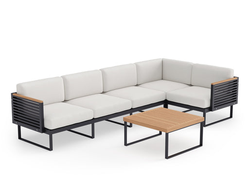 Monterey 5 Seater Sectional with Coffee Table featuring Canvas Natural cushions and Aluminium frame on white background.