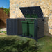 Duramax MultiStore outdoor storage shed with dual front doors and lift-up top, discreetly hiding two wheelie bins in a tidy backyard. 