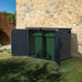 Duramax Outdoor storage shed 2100L MultiStore with double doors open, revealing two green garbage bins inside