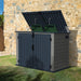 Duramax MultiStore vinyl storage shed with double doors and open lid, revealing space for two trash cans. Ideal for backyard organization and discreetly storing garbage bins.