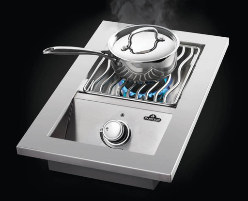 Stainless steel single range top burner with blue flame under a pot, Napoleon Grills Built-In 500 Series.