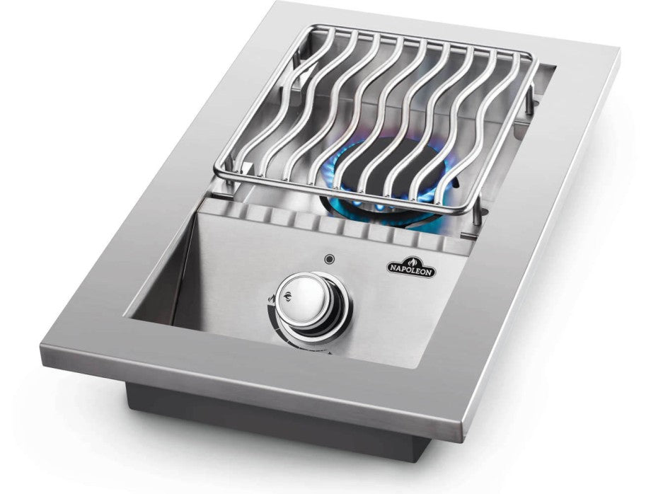 Angled view of stainless steel single range top burner with grate, Napoleon Grills Built-In 500 Series.