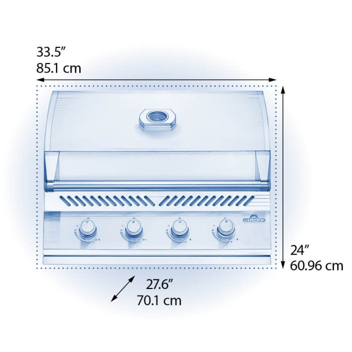 A diagram showing the dimensions of the Napoleon Grills Built-In 500 Series 32-Inch 4-Burner Gas Grill Head, providing measurements for installation.