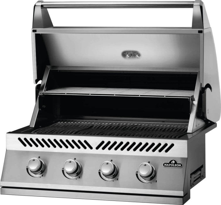 Angled view of the Napoleon Grills Built-In 500 Series 32-Inch 4-Burner Gas Grill Head with the lid open, displaying the interior racks and grill surface.