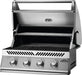 Angled view of the Napoleon Grills Built-In 500 Series 32-Inch 4-Burner Gas Grill Head with the lid open, displaying the interior racks and grill surface.