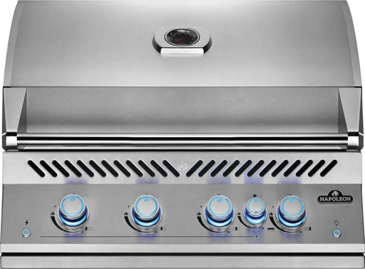 Front view of the Napoleon Grills Built-In 700 Series 32-Inch 5-Burner Gas Grill Head with infrared burner, featuring illuminated control knobs and the lid closed.