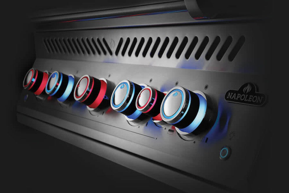 Close-up of the Napoleon Grills Built-In 700 Series grill's control knobs featuring the SafetyGlow system that turns knobs red when the burner is on.