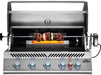 The Napoleon Grills Built-In 700 Series 38-Inch RB 6-Burner Gas Grill Head in use, featuring a rotisserie with skewered meats and vegetables, showcasing the grill's versatility and large cooking surface.