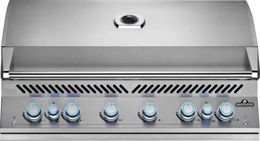Front view of the Napoleon Grills Built-In 700 Series 44-Inch RB 8-Burner Gas Grill Head with dual infrared rear burners, featuring the lid closed and control knobs illuminated.
