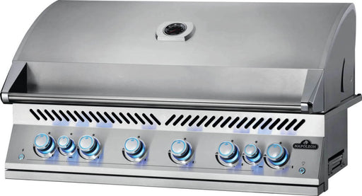 Angled view of the Napoleon Grills Built-In 700 Series 44-Inch RB 8-Burner Gas Grill Head with the lid closed, showcasing the grill's expansive control panel with blue-lit knobs.