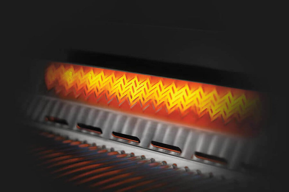 A technical illustration of the dual infrared rear burners on the Napoleon Grills Built-In 700 Series, showcasing the advanced heating technology for even cooking.