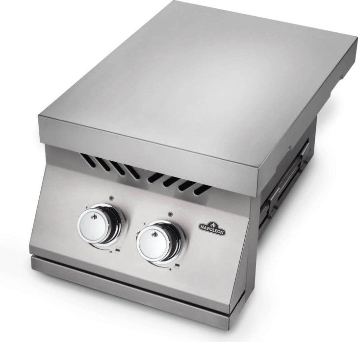 Angled view of Napoleon Grills Built-In 500 Series 10-inch single range top burner with the stainless steel lid closed.