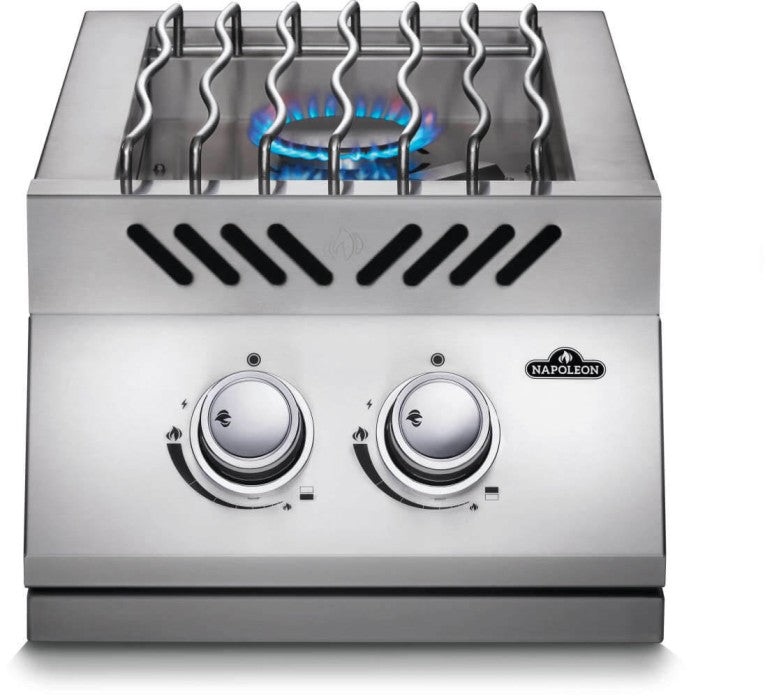 Front view of Napoleon Grills Built-In 500 Series 10-inch single range top burner with blue flame on.