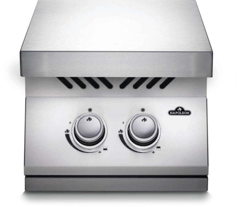Front view of Napoleon Grills Built-In 500 Series 10-inch single range top burner with stainless steel lid closed.