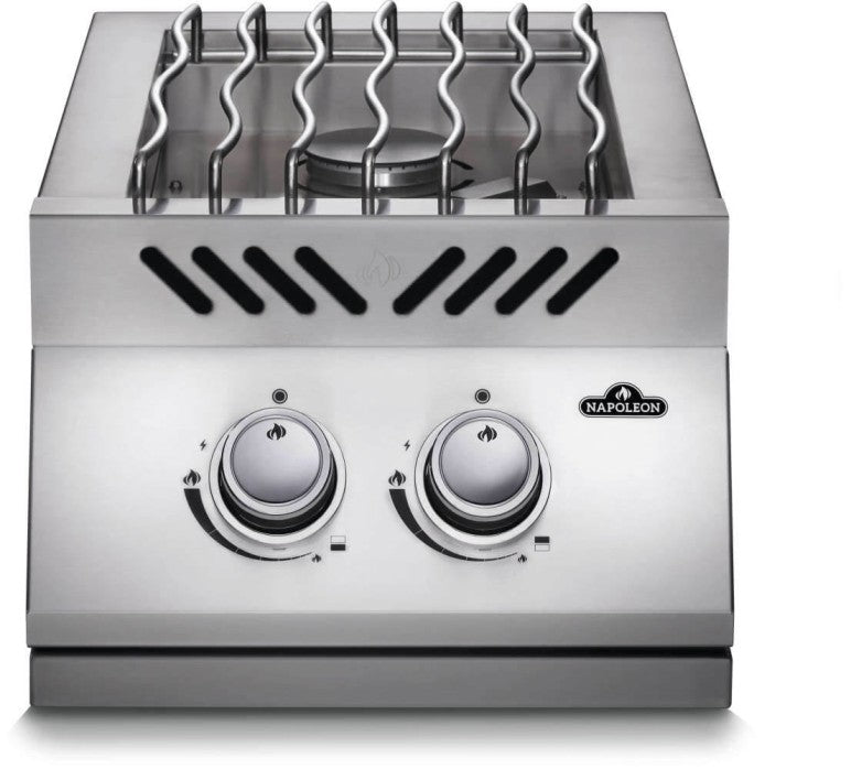 Front view of Napoleon Grills Built-In 500 Series 10-inch single range top burner showing control knobs and stainless steel finish.