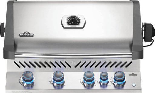 Front view of Napoleon Grills Built-In Prestige® 500 RB 5-Burner Gas Grill Head with closed lid and visible temperature gauge and brand logo.