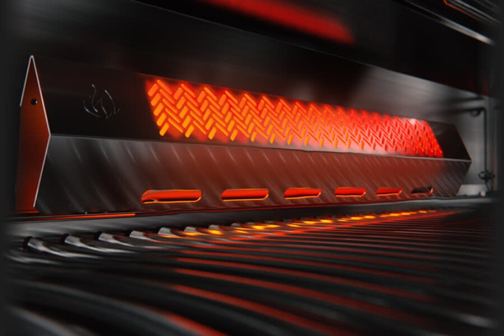 Close-up view of the infrared rear rotisserie burner inside the Napoleon Grills Built-In Prestige PRO™ 500 RB.
