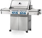 Side angle view of the Napoleon Grills Prestige PRO™ 500 RSIB showcasing the infrared side burner, stainless steel exterior, and illuminated control knobs.